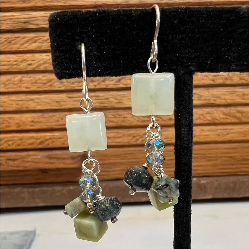 Sterling Silver, Prehnite & assorted bead earrings - Picture 1 of 4